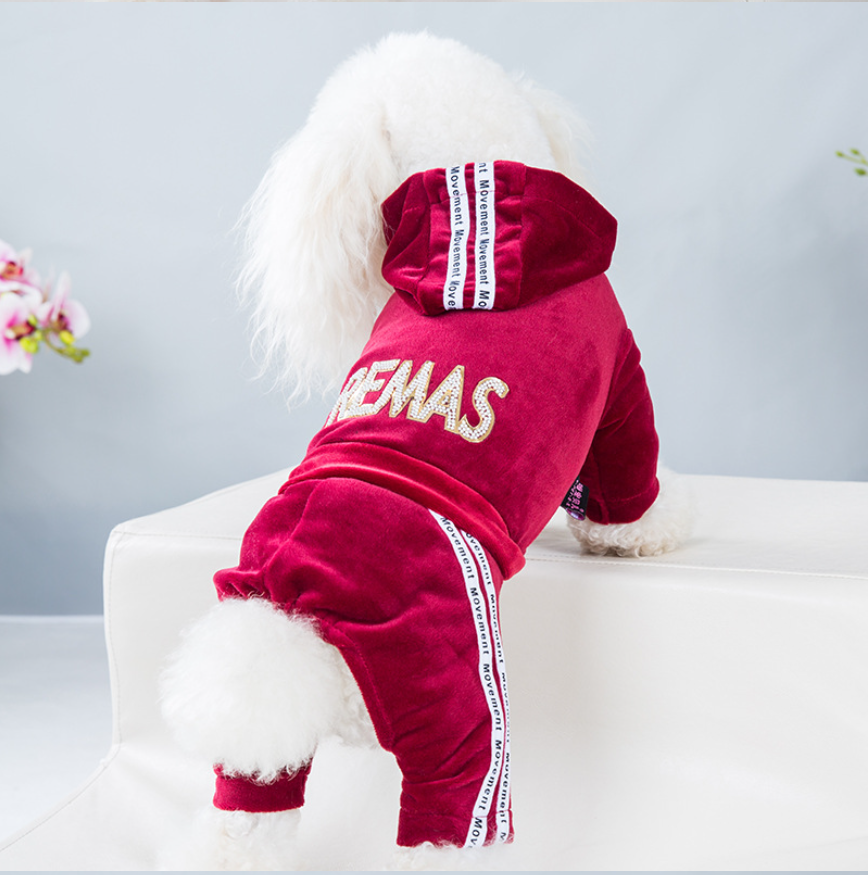 Pet Velvet Jumpsuit Athletic Hoodie with Rhinestone Design